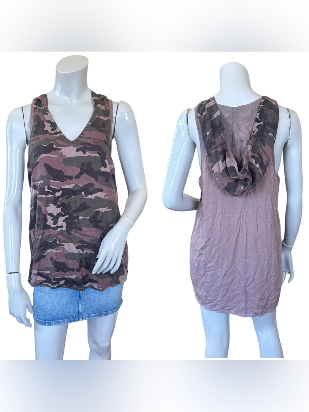 Y2K Hard Tail Forever Taupe Brown Green Hooded Camo Print Sleeveless Top Small
